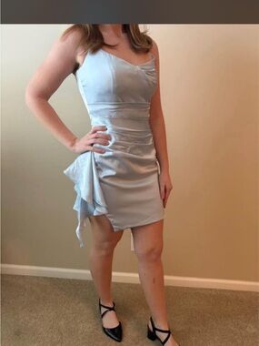Light Blue Satin Mini Dress with Draped Side Ruffle